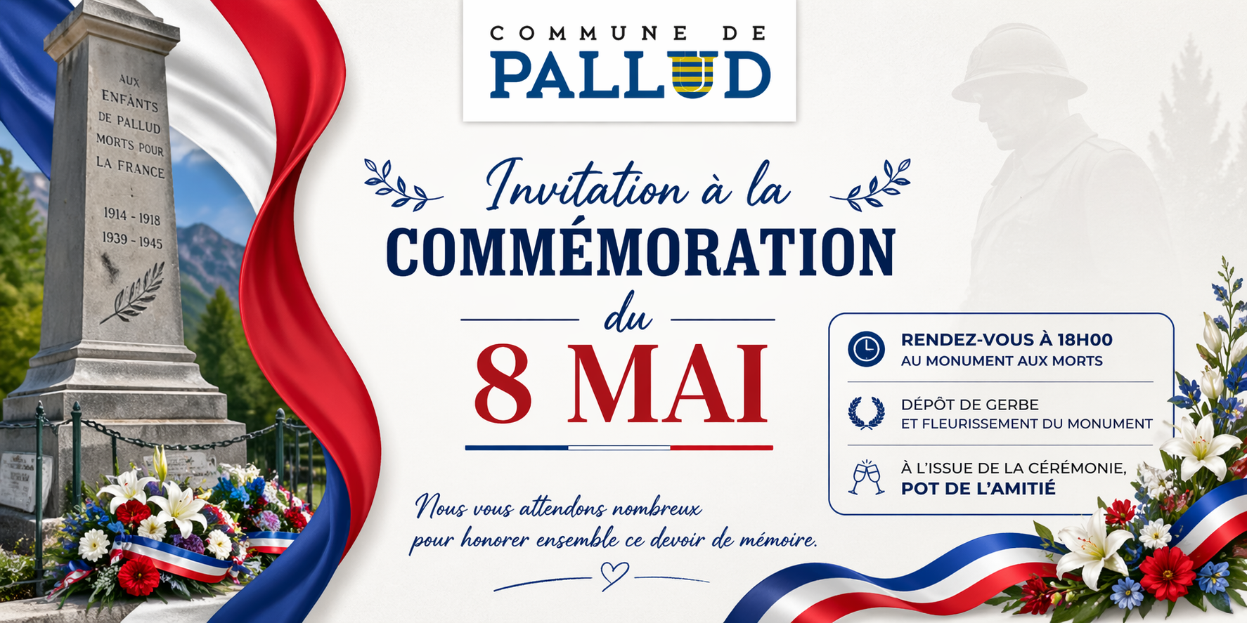 Affiche de la commémoration du 8 Mai organisée par la Commune de Pallud au monument aux morts.